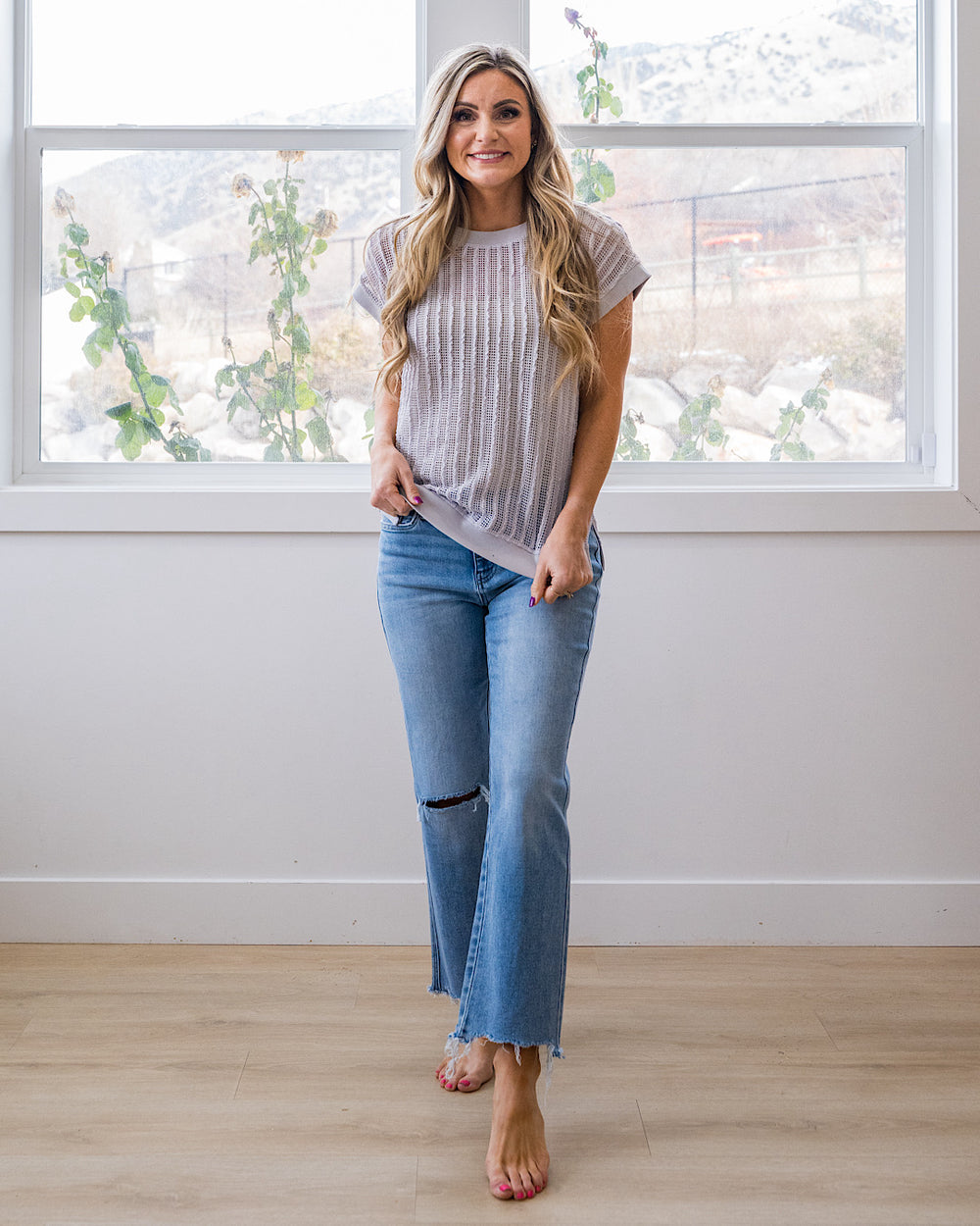 Liesel Textured Open Knit Top - Gray Staccato