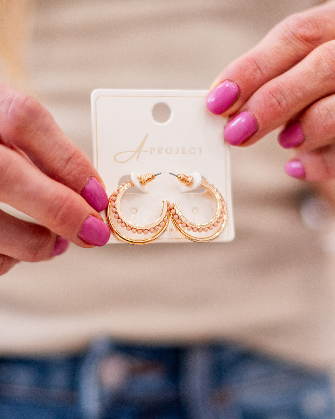 Gold Double Hoop Earrings with Beige Beads Trendy Wholesale