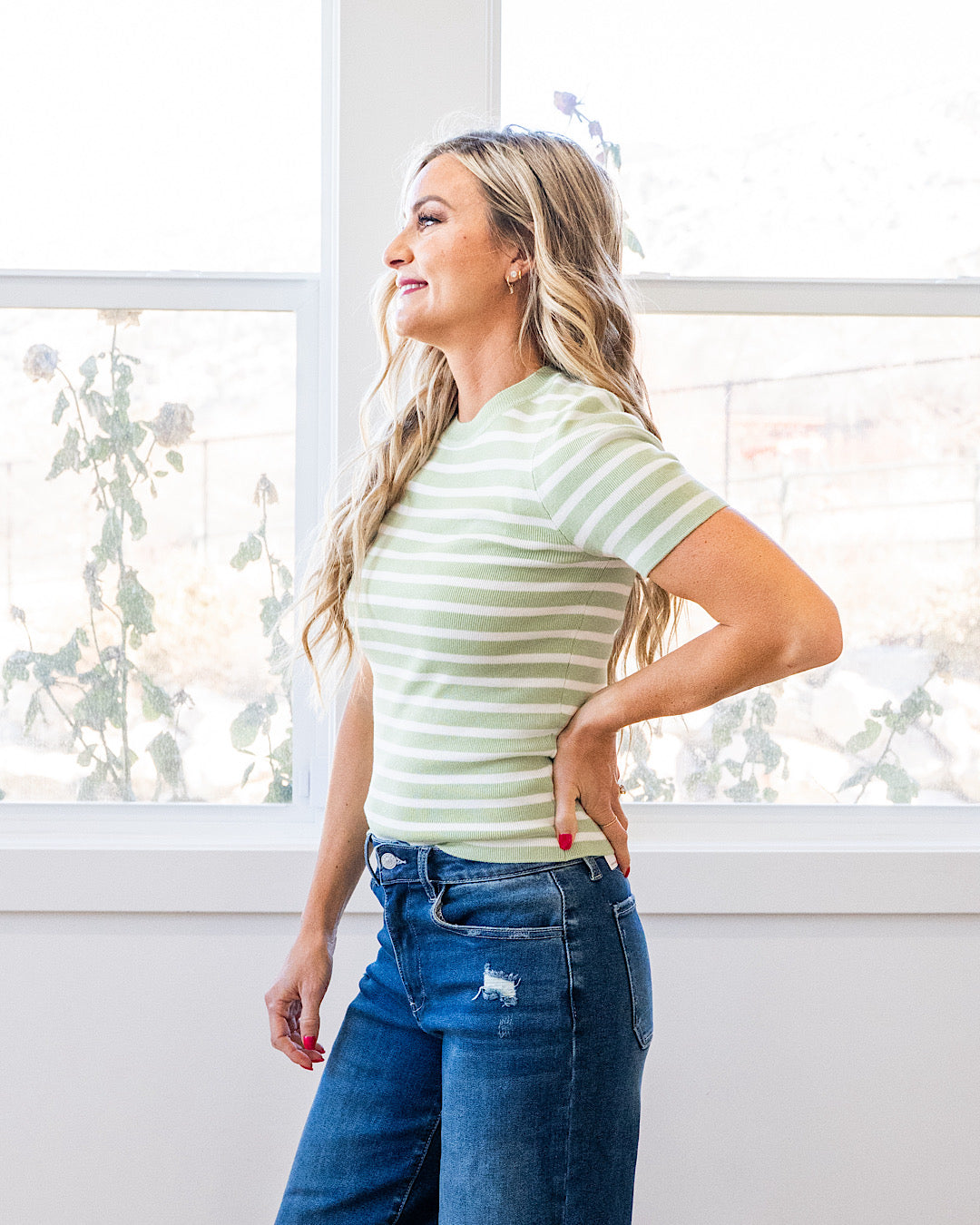 Delaney Striped Short Sleeve Sweater Top - Lime Be Cool