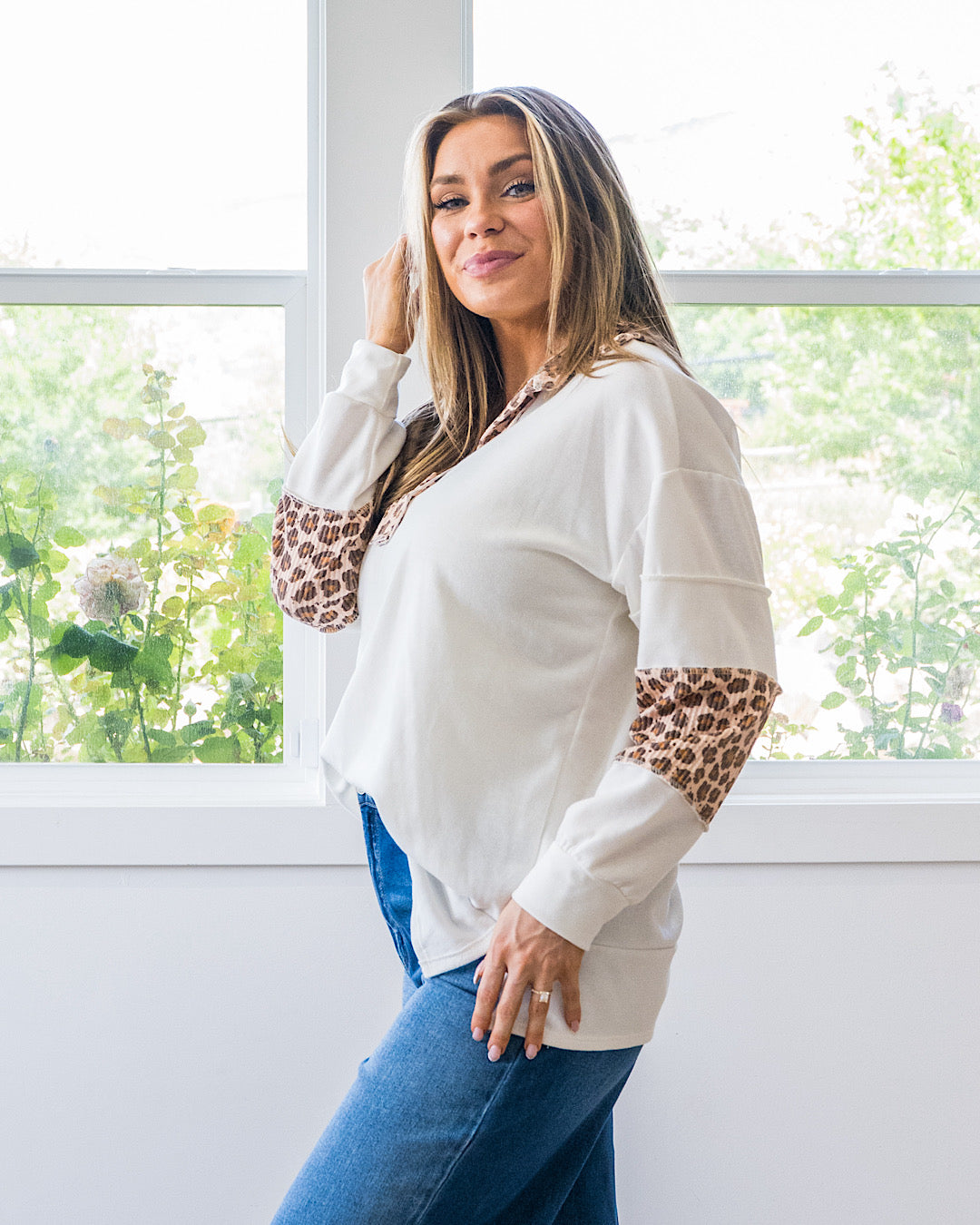 Jana Leopard Color Block Collared Top - Ivory Lovely Melody