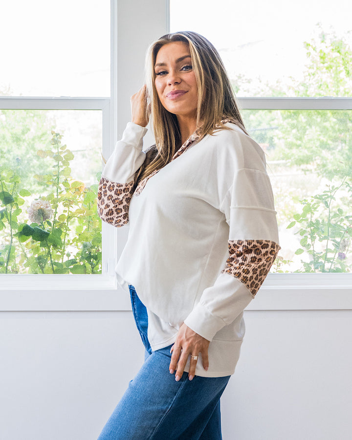 Jana Leopard Color Block Collared Top - Ivory Lovely Melody