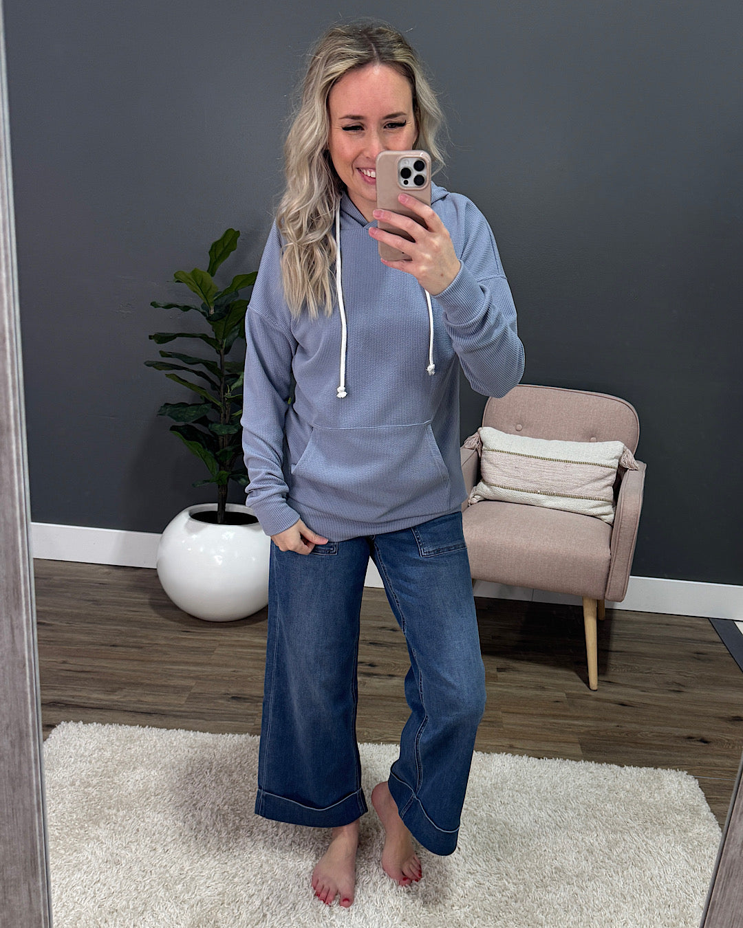 Kacey Ribbed Hoodie - Dusty Blue Michelle Mae