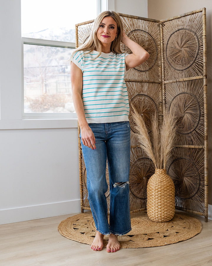 Allie Striped Short Sleeve Sweater - Ivory & Mint Staccato