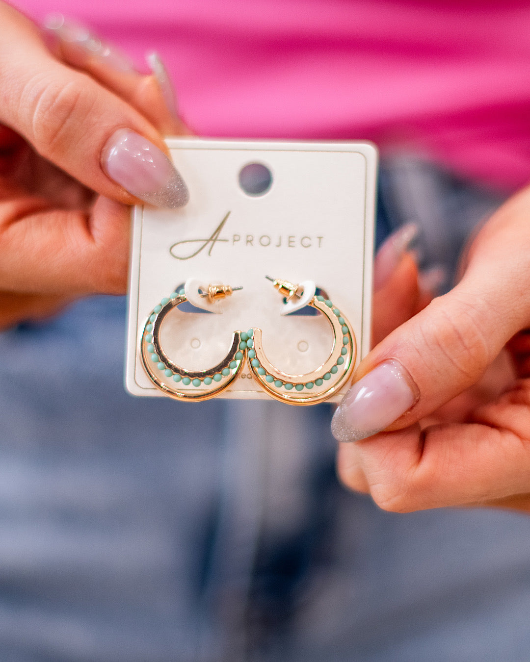 Gold Double Hoop Earrings with Mint Beads Trendy Wholesale