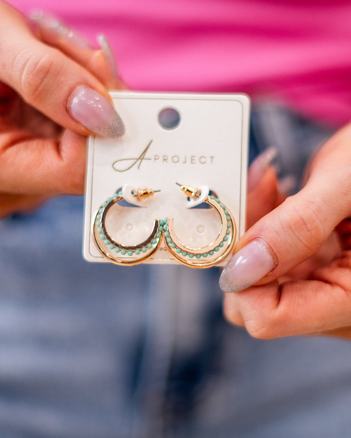 Gold Double Hoop Earrings with Mint Beads Trendy Wholesale