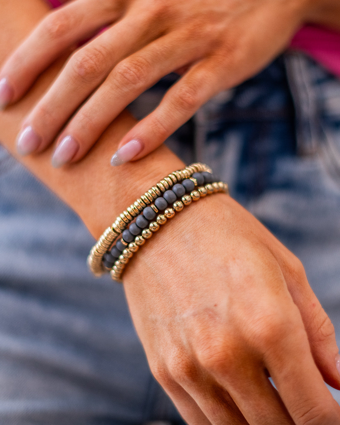 Wooden Dark Gray and Metallic Gold Bracelet Set Trendy Wholesale