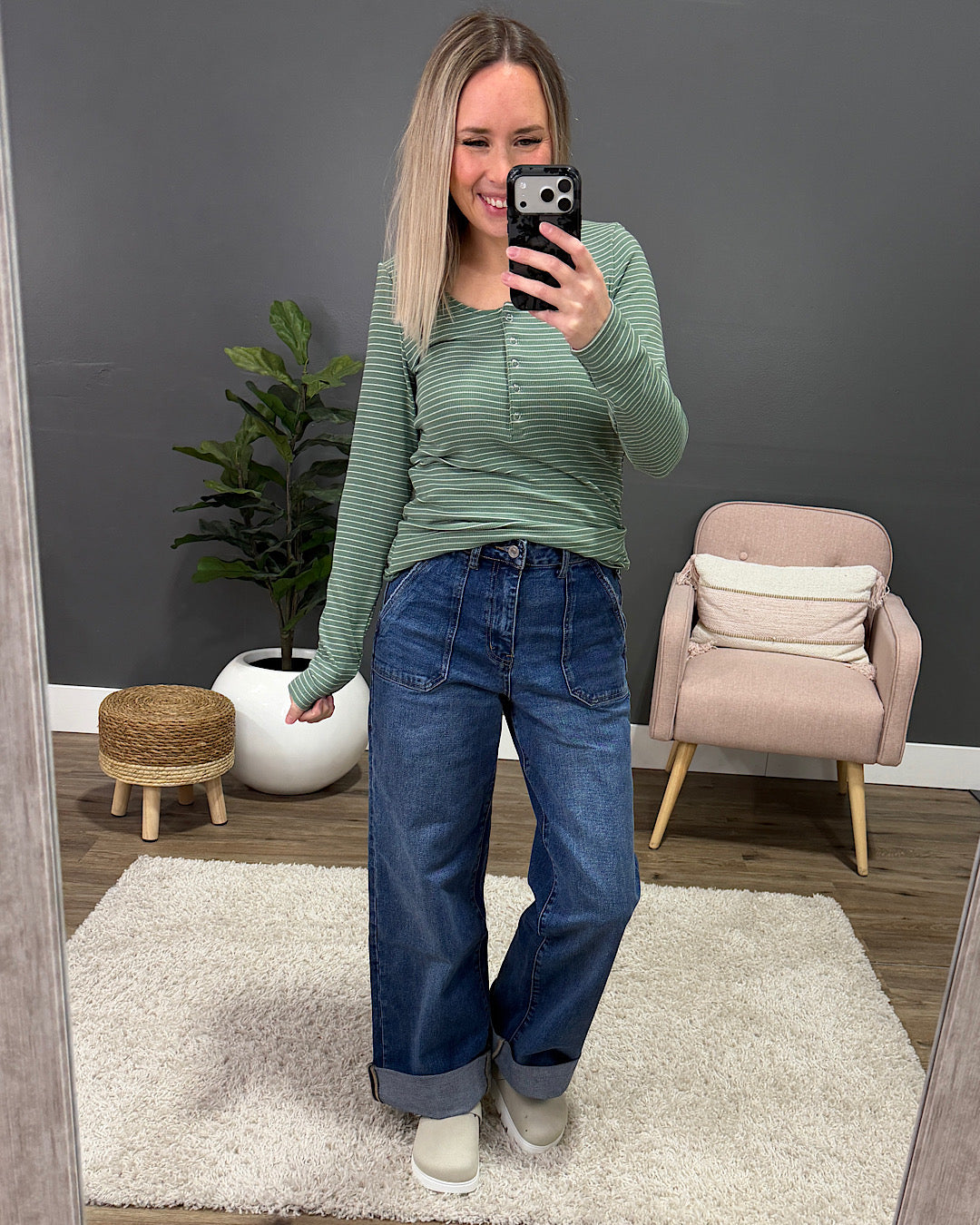 Dawn Striped Henley Long Sleeve Top - Fern Michelle Mae