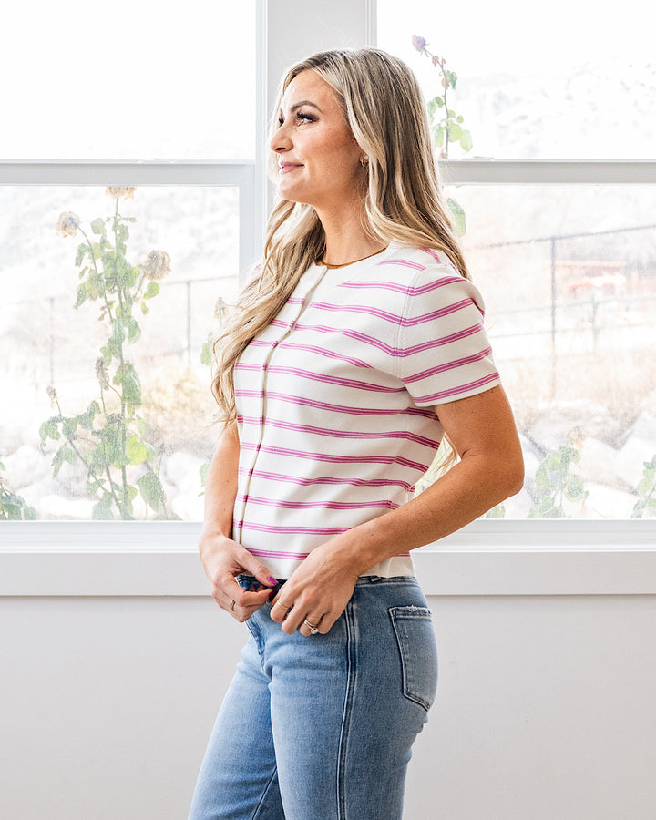 Courtney Striped Short Sleeve Cardigan - Pink Be Cool