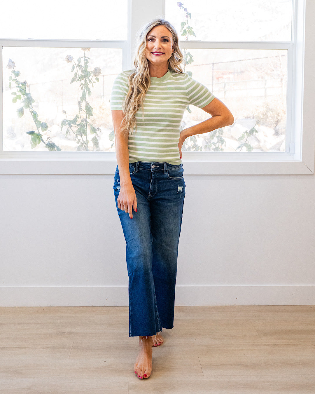 Delaney Striped Short Sleeve Sweater Top - Lime Be Cool