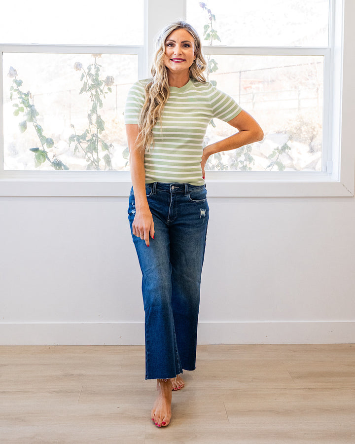 Delaney Striped Short Sleeve Sweater Top - Lime Be Cool