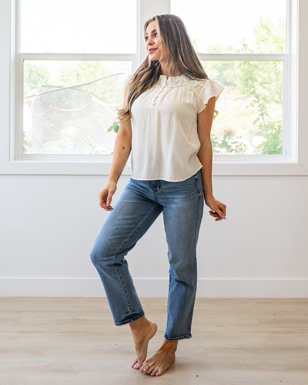 NEW! Raya Ruffled Henley Blouse - Ivory Mine