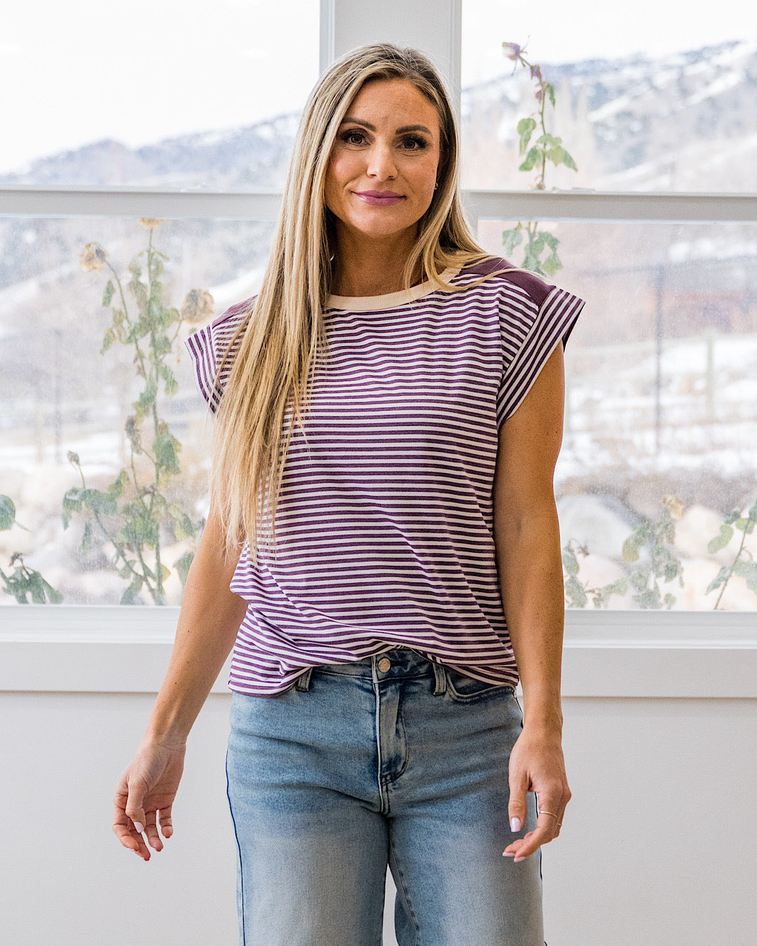 Noelle Striped Ribbed Top - Ivory & Plum Staccato