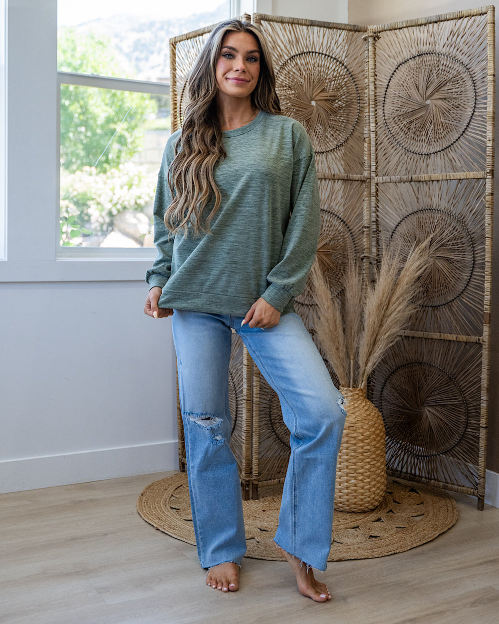 Another Life Marled Heavy Knit Top - Olive Staccato