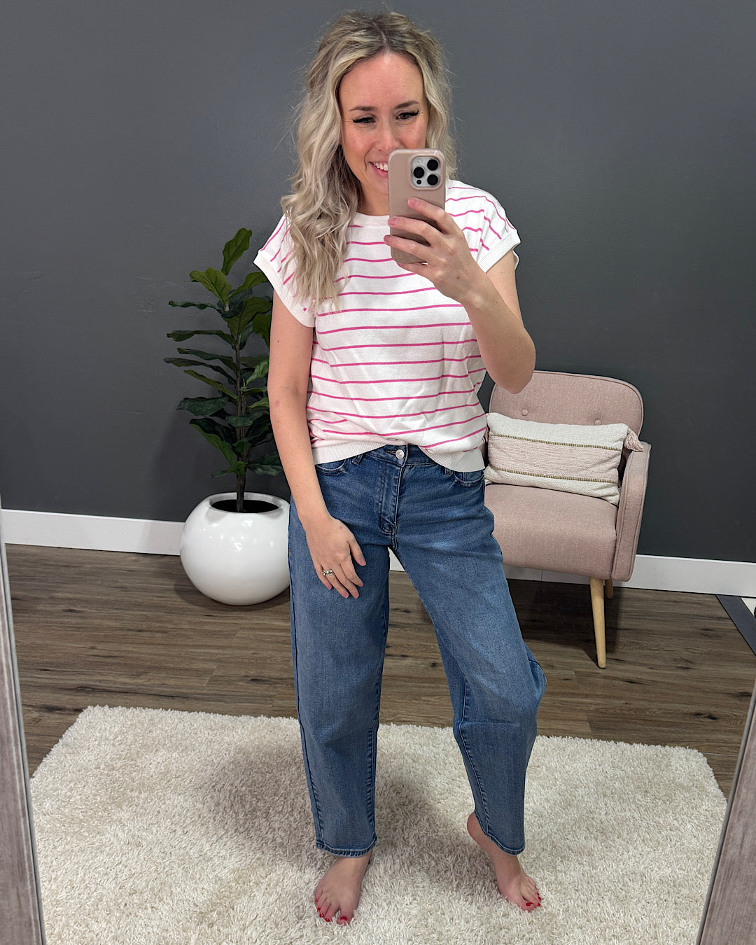 Allie Striped Short Sleeve Sweater - Ivory & Pink Staccato