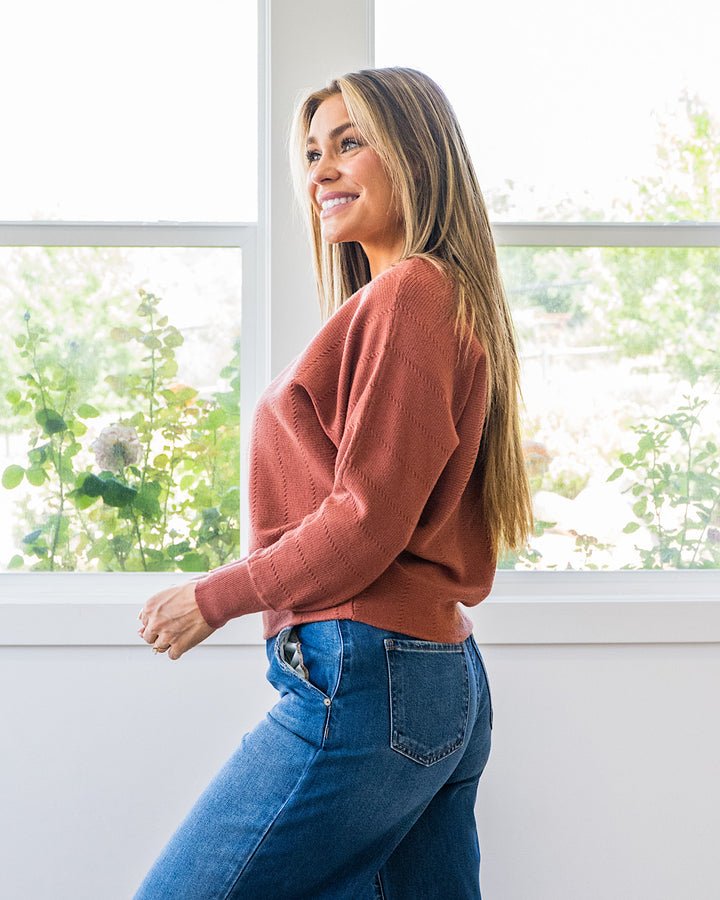 Adalyn Dolman Sleeve Textured Sweater - Copper Staccato
