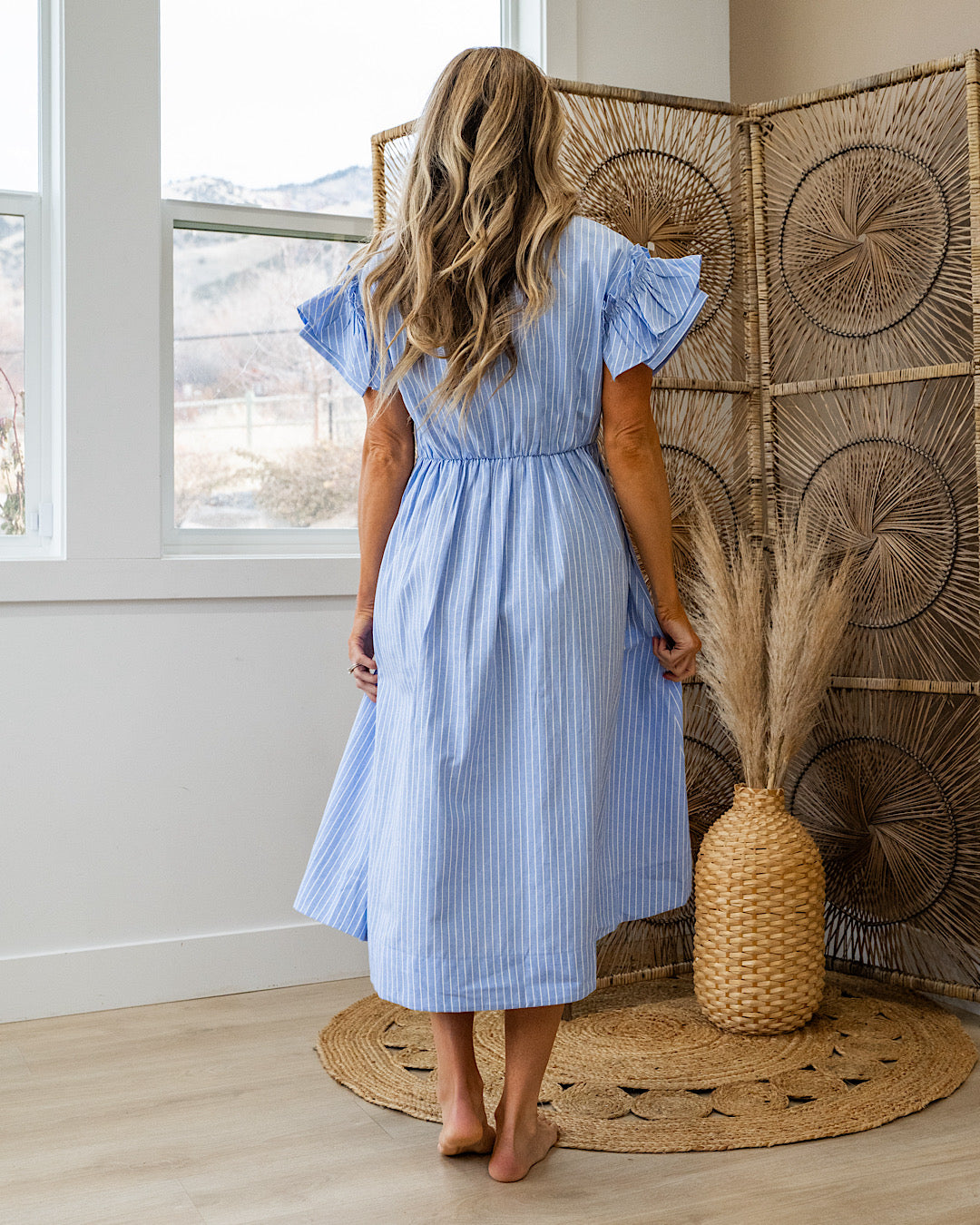Carmine Striped Ruffle Sleeve Midi Dress - Blue SALE Heyson