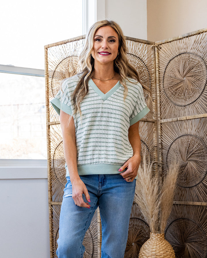 This Love Textured Striped V Neck Top - Color Options Available! Lovely Melody Sage