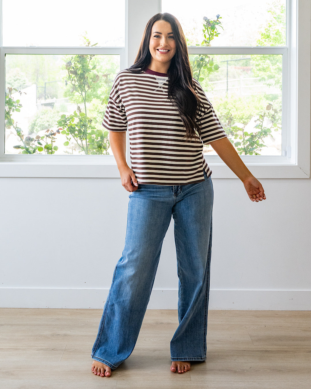 Hazel Contrast Striped Top - Dark Brown & Burgundy Mine