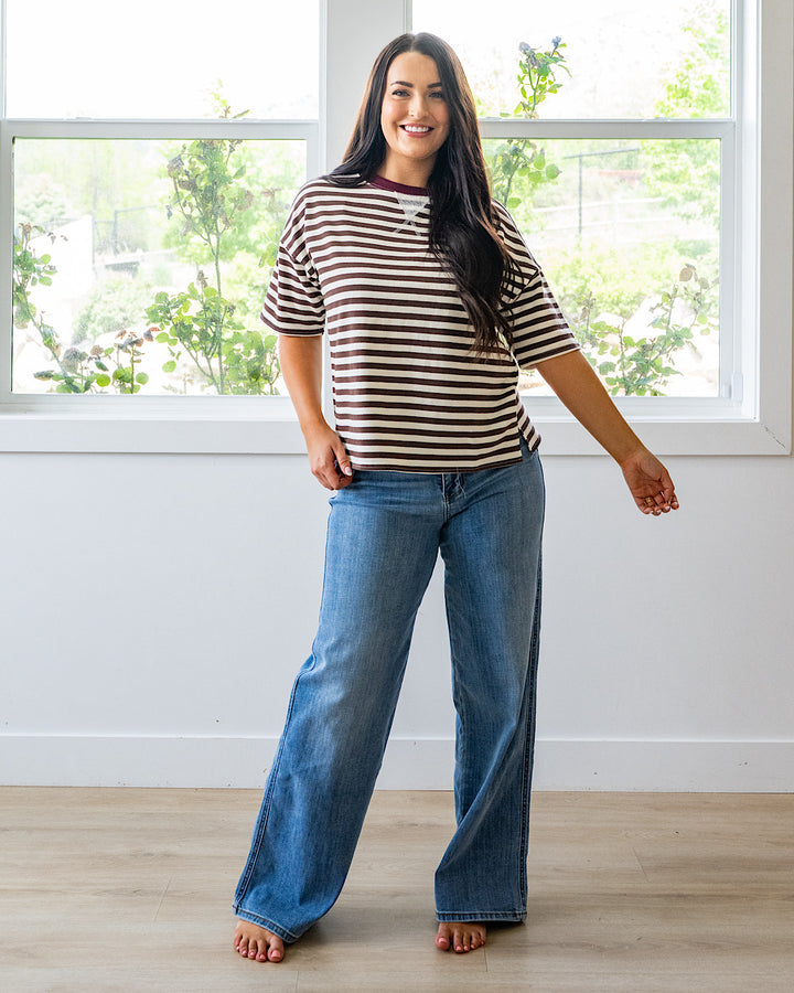 Hazel Contrast Striped Top - Dark Brown & Burgundy Mine