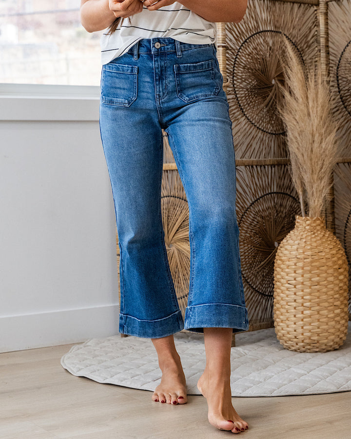 KanCan Isabella 2.0 Rolled Hem Crop Flare Jeans - Medium Wash KanCan