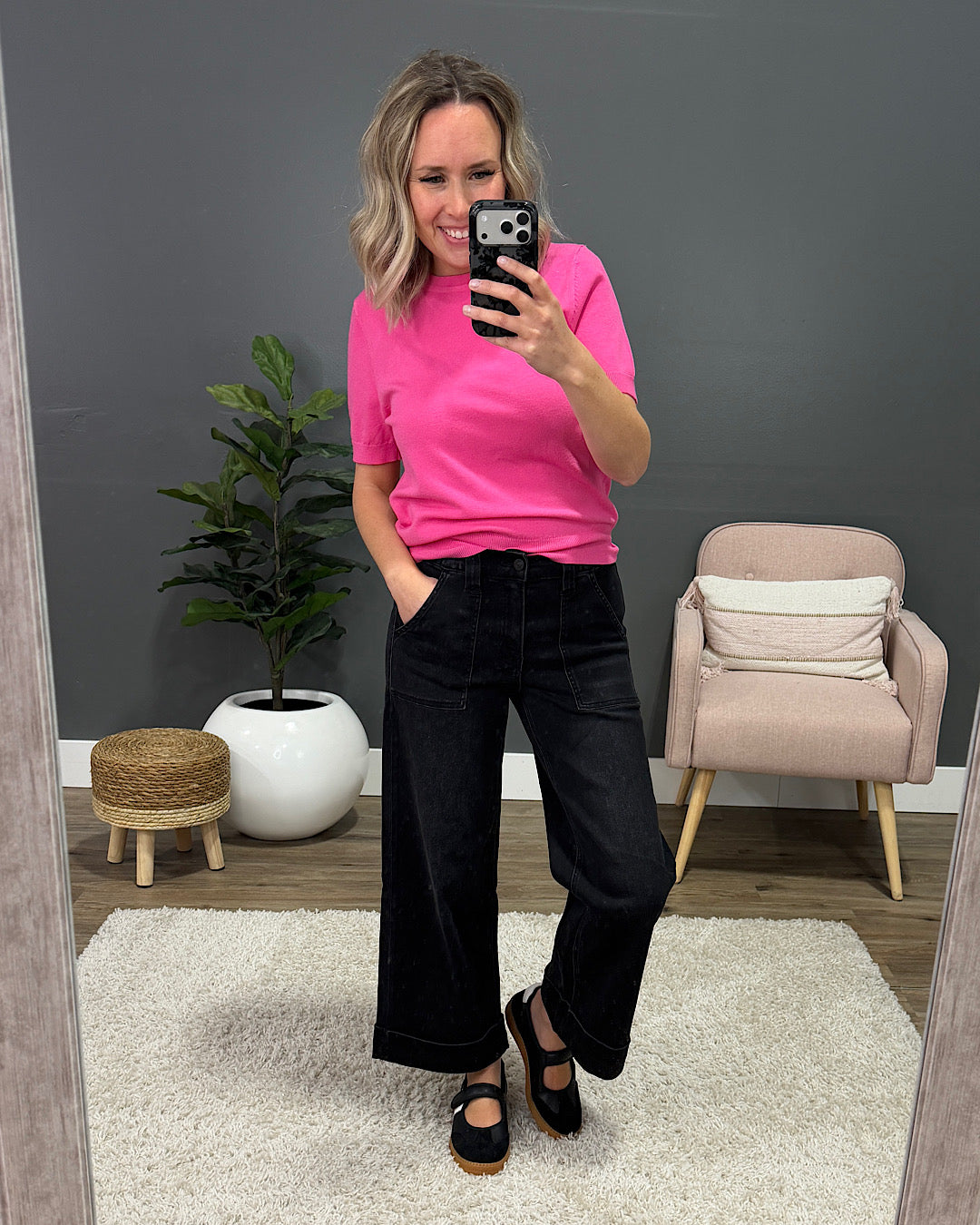 NEW! Vervet Maggie Roll Hem Elastic Waist Wide Leg Jeans - Black Vervet