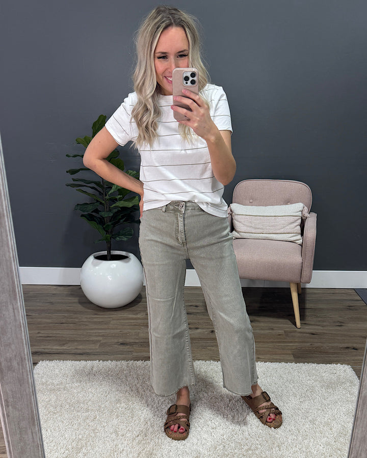 Mae Wide Leg Cropped Jeans - Light Olive Zenana