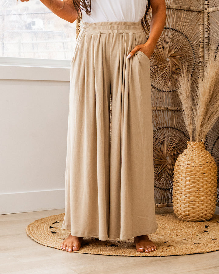 Right Here Wide Leg Pleated Knit Pants - Beige Heyson