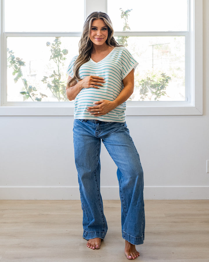 Candice Striped V Neck Sweater Top - Ivory & Green Staccato