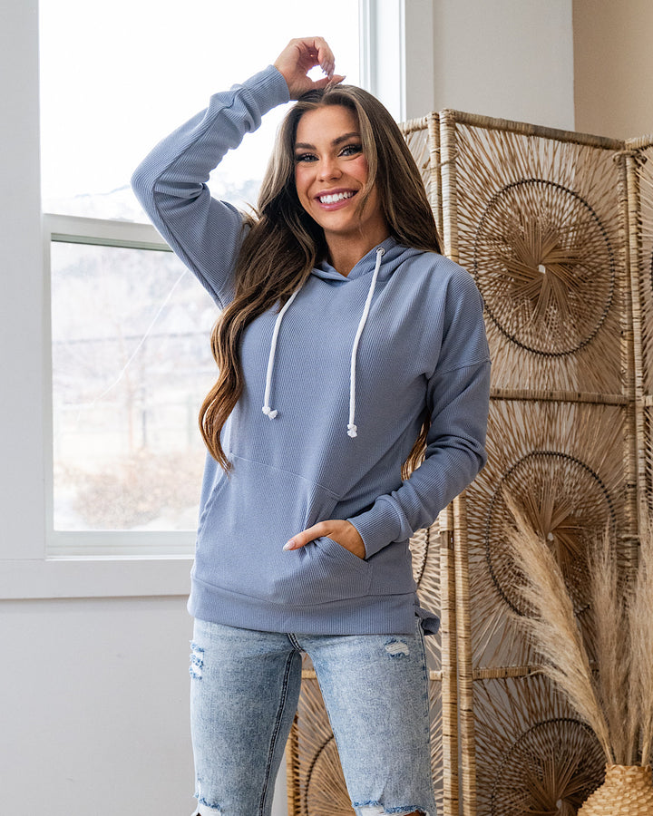 Kacey Ribbed Hoodie - Dusty Blue Michelle Mae