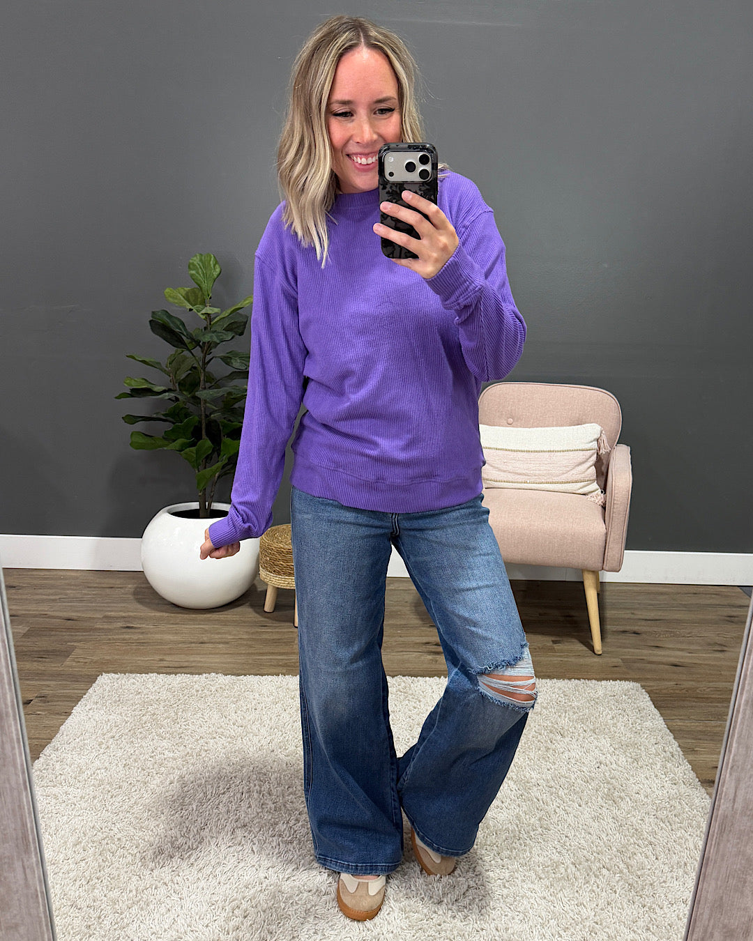 NEW! Mia Ribbed Crewneck Top - Purple Michelle Mae