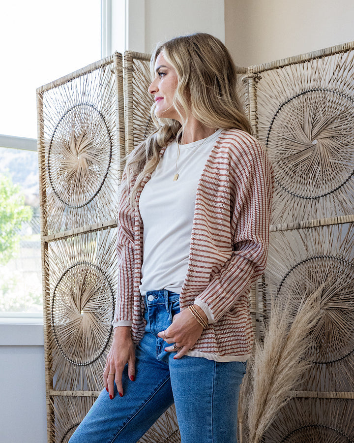 Brenda Striped Dolman Sleeve Open Cardigan - Auburn Be Cool