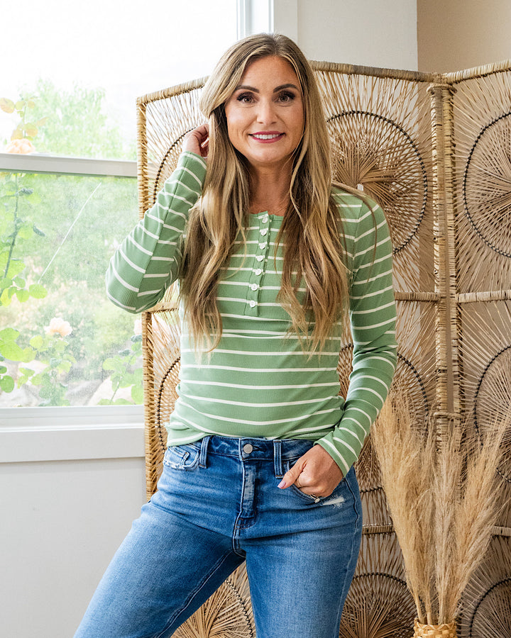 NEW! Celeste Striped Henley Top - Avocado