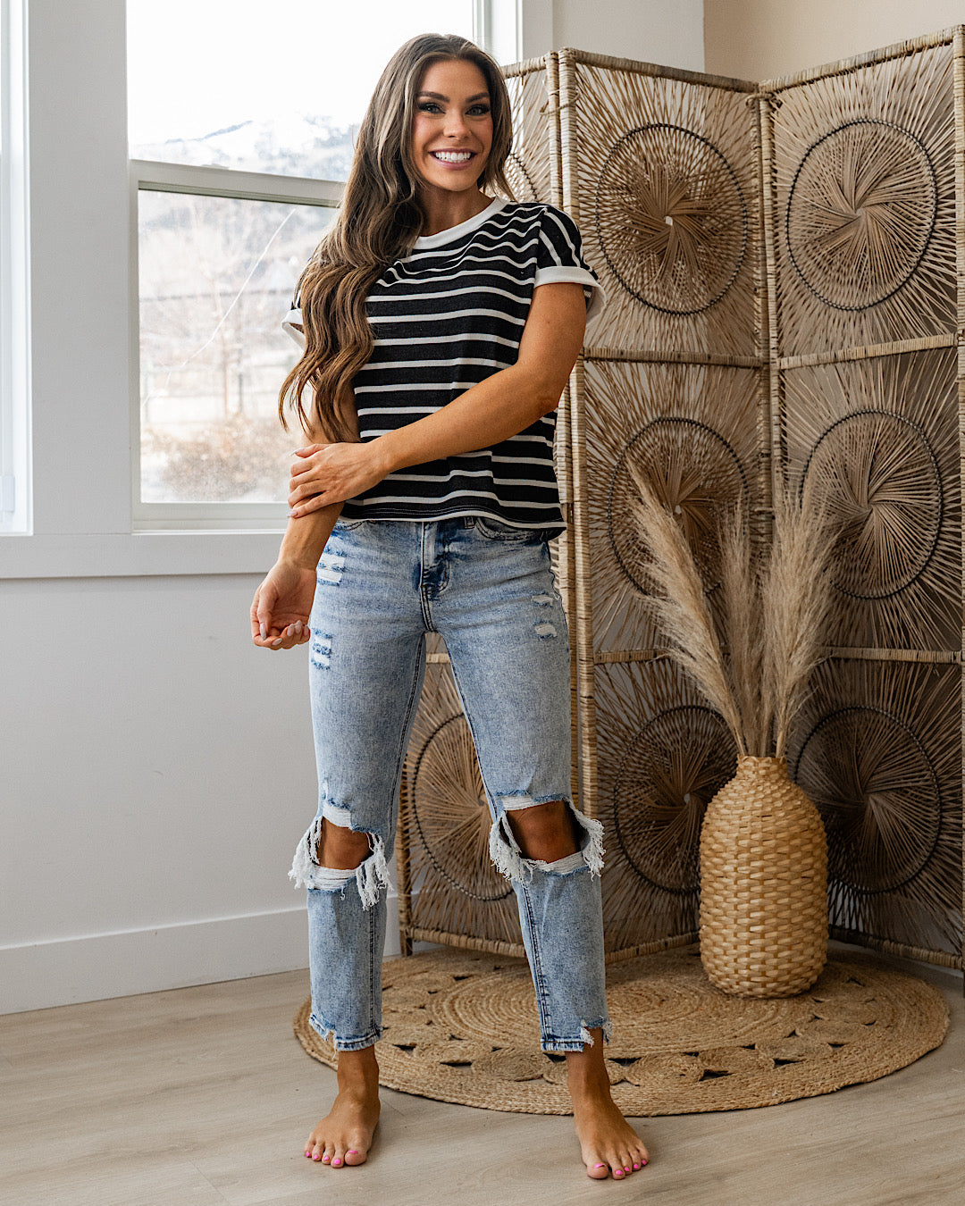 Nina Faded Striped Drop Shoulder Top - Black SALE Lovely Melody