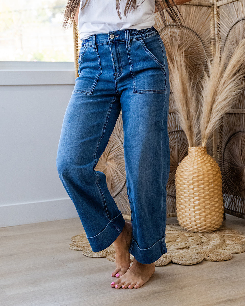Vervet Maggie Roll Hem Elastic Waist Wide Leg Jeans Vervet