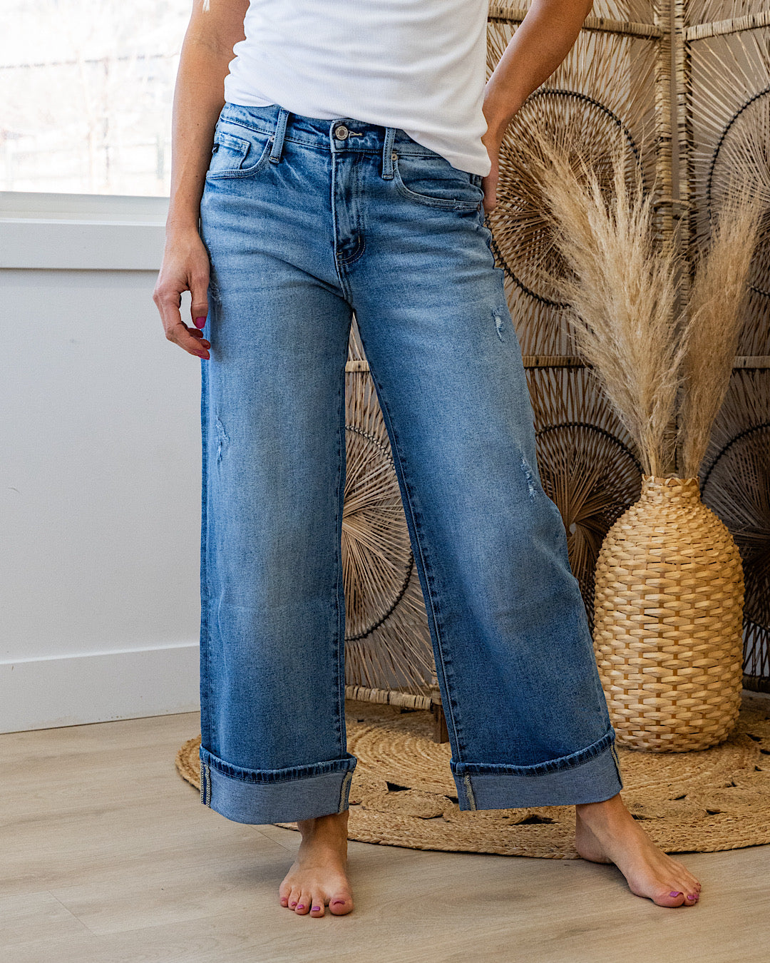 KanCan Jennifer Rolled Cuff Wide Leg Jeans - Color Options Available! KanCan Medium Wash Blue Denim