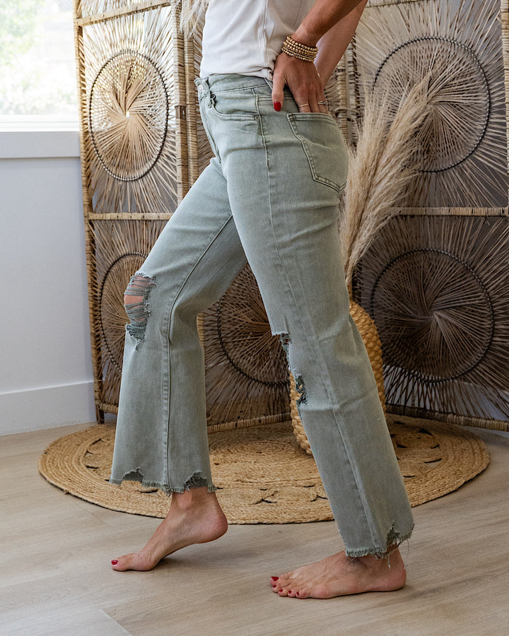 Gia Wide Leg Distressed Cropped Jeans - Light Olive Zenana