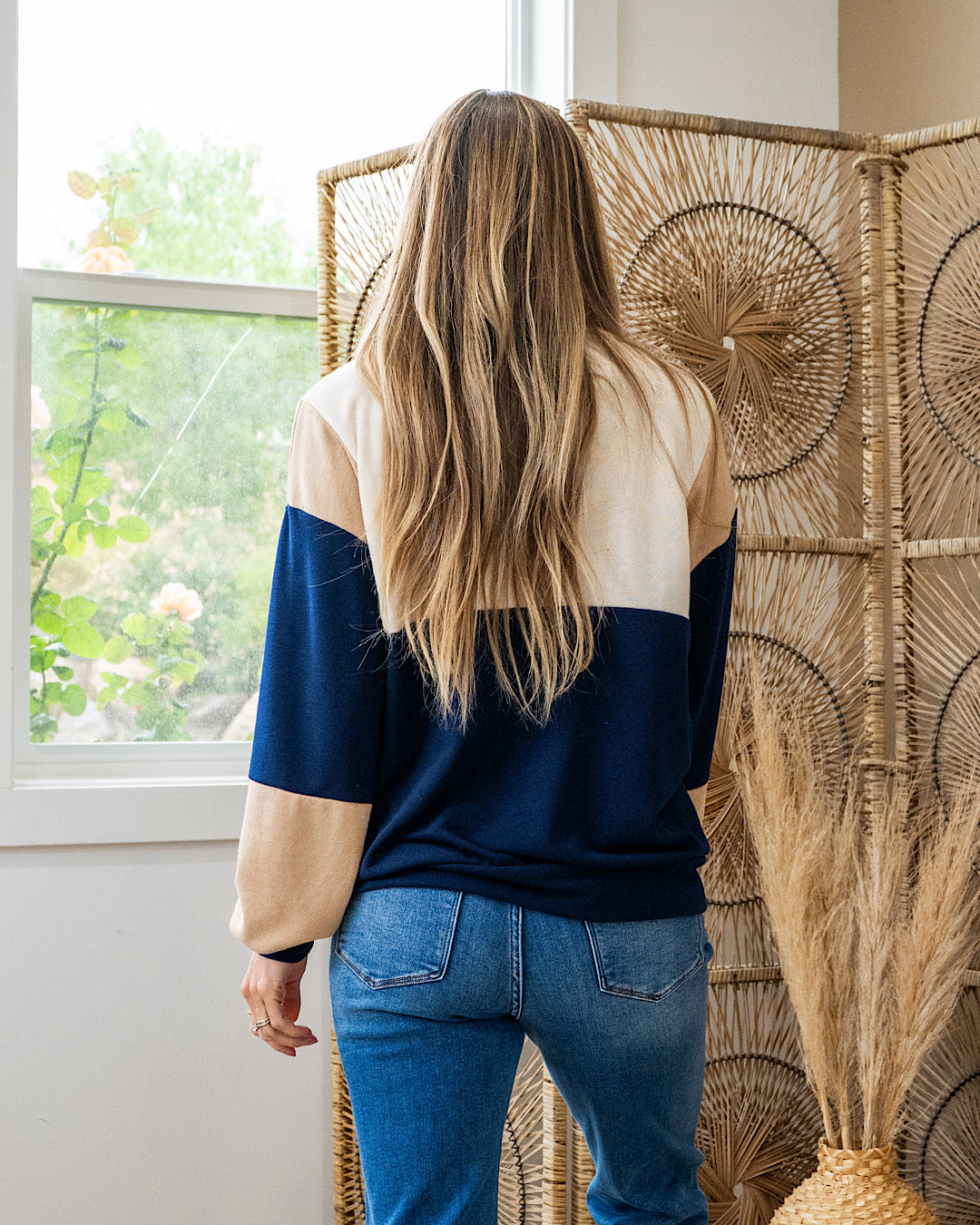Izzy Color Block Henley Pullover - Navy, Taupe & Ivory Lovely Melody