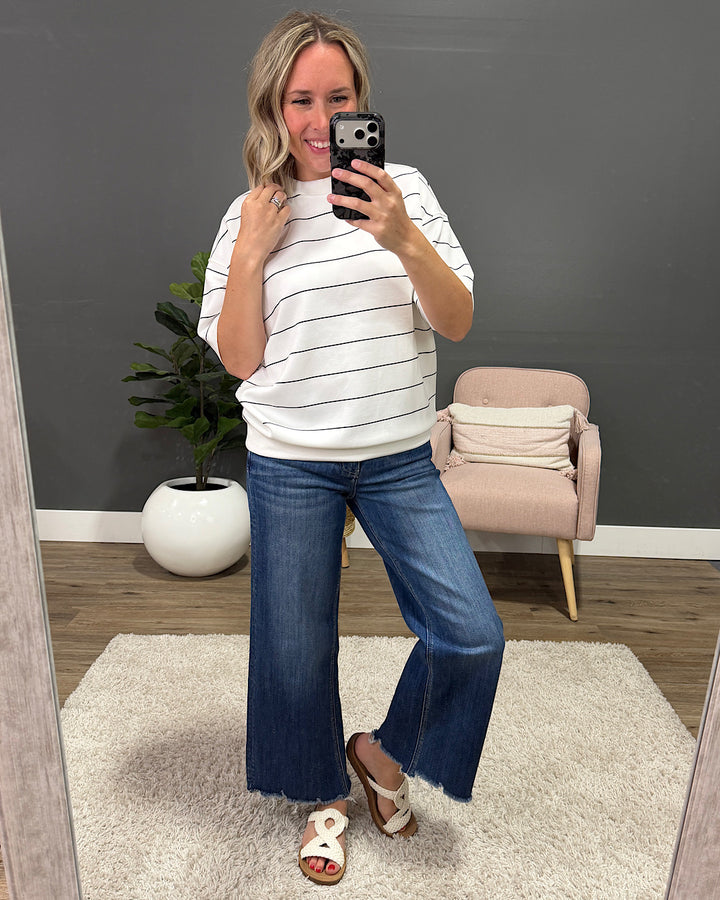 NEW! Macey Scuba Fabric Striped Top - Cream & Black Rae Mode