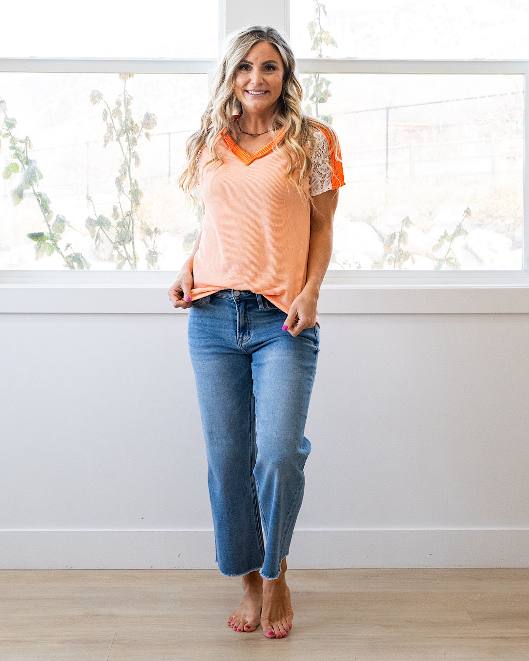 Angelica V Neck Waffle & Lace Top - Coral Lovely Melody