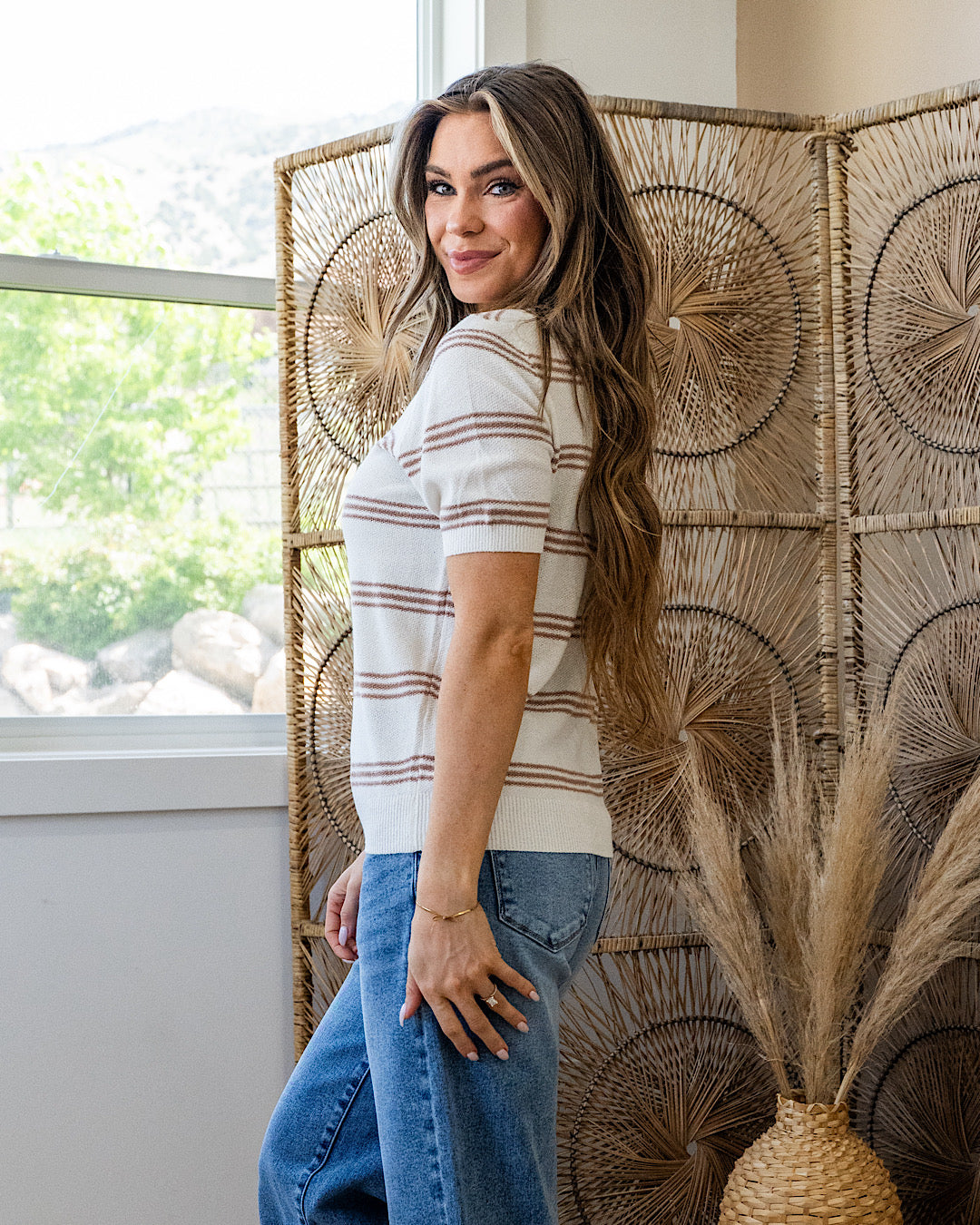 Chelsea Triple Stripe Short Sleeve Sweater - Taupe SALE Be Cool