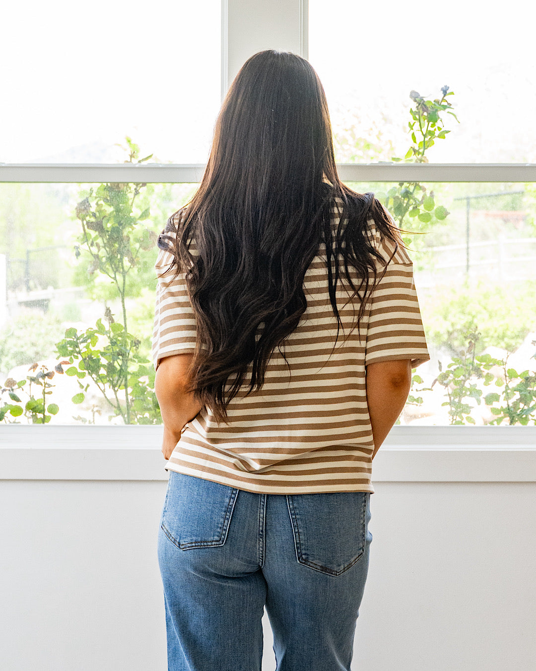 Hazel Contrast Striped Top - Tan & Blue Mine