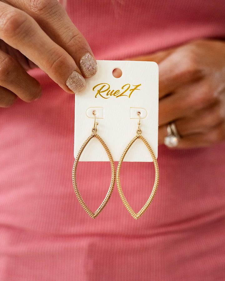 NEW! Textured Metal Marquise Shaped Dangle Earrings - Gold Trendy Wholesale