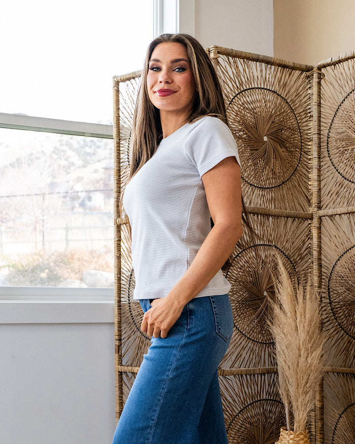 Lexi Light Heather Gray and Ivory Striped Top SALE Thread & Supply