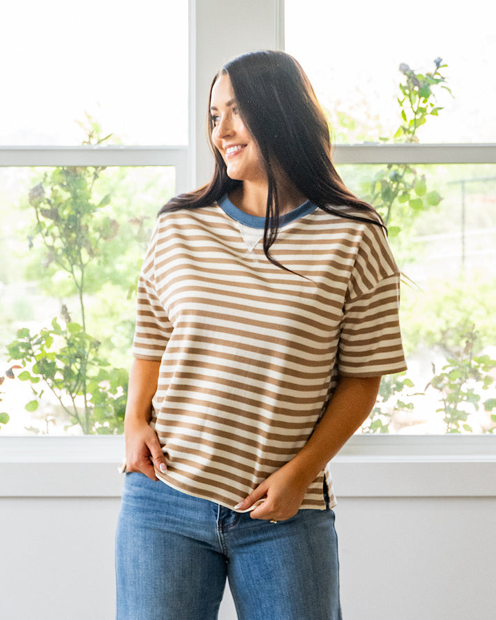 Hazel Contrast Striped Top - Tan & Blue Mine