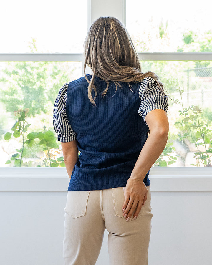 Archer Plaid Puff Sleeve Top - Navy Staccato