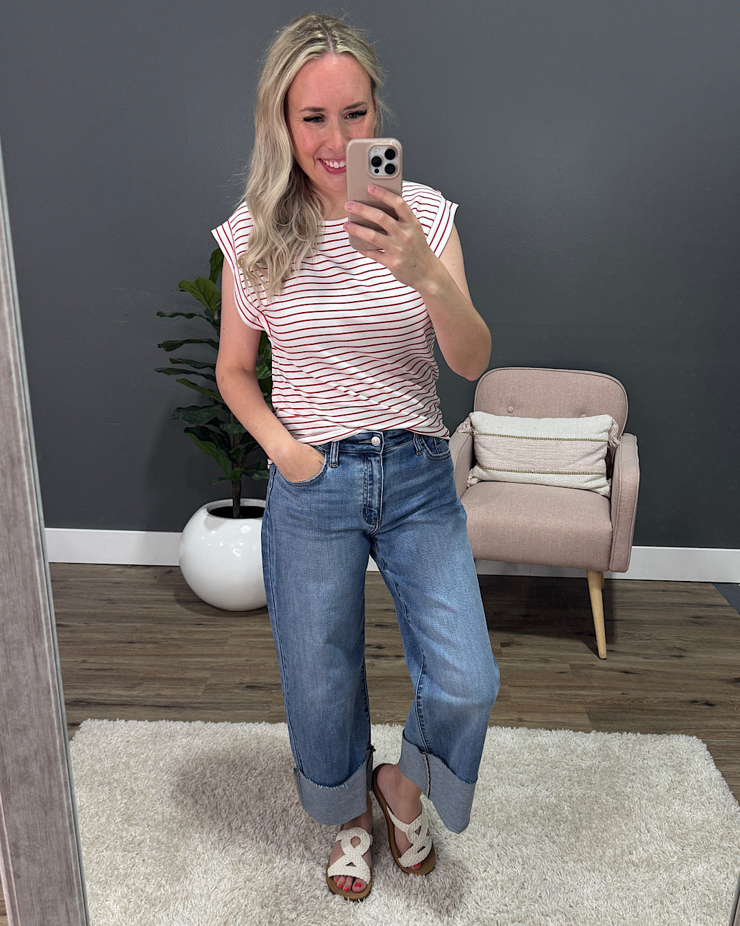 Noelle Striped Cap Sleeve Top - Ivory & Red FINAL SALE Staccato