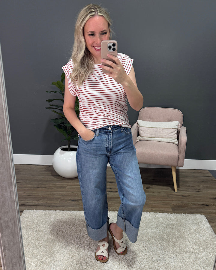 Noelle Striped Cap Sleeve Top - Ivory & Red FINAL SALE Staccato