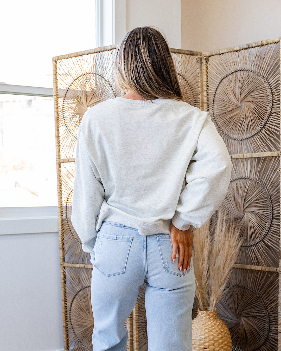 Heather Gray Sweatshirt with Pink Embroidered Ribbons SALE Main Strip