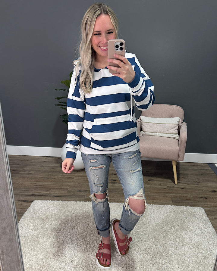 Rylie Striped Lightweight Hoodie - Navy and White Michelle Mae