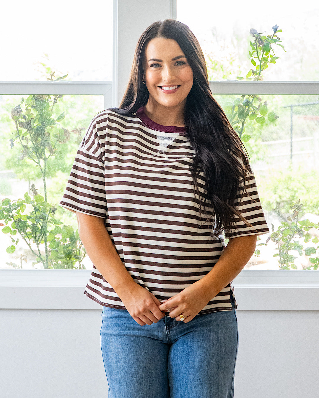 Hazel Contrast Striped Top - Dark Brown & Burgundy Mine